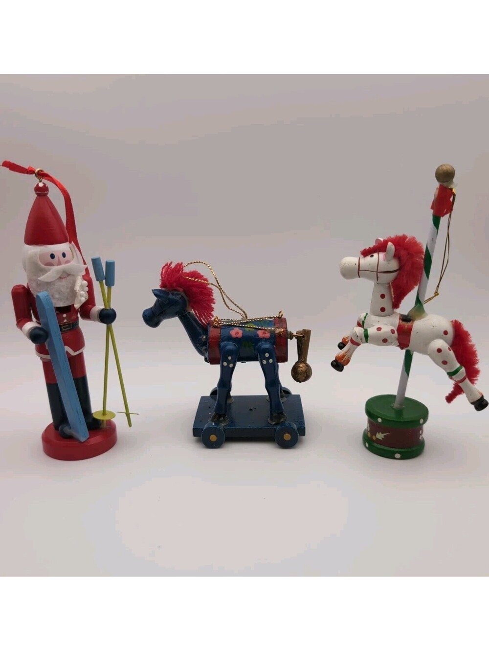 Vintage Wood Christmas Ornaments Set 3: Santa Skiing, Blue Horse, Carousel Horse